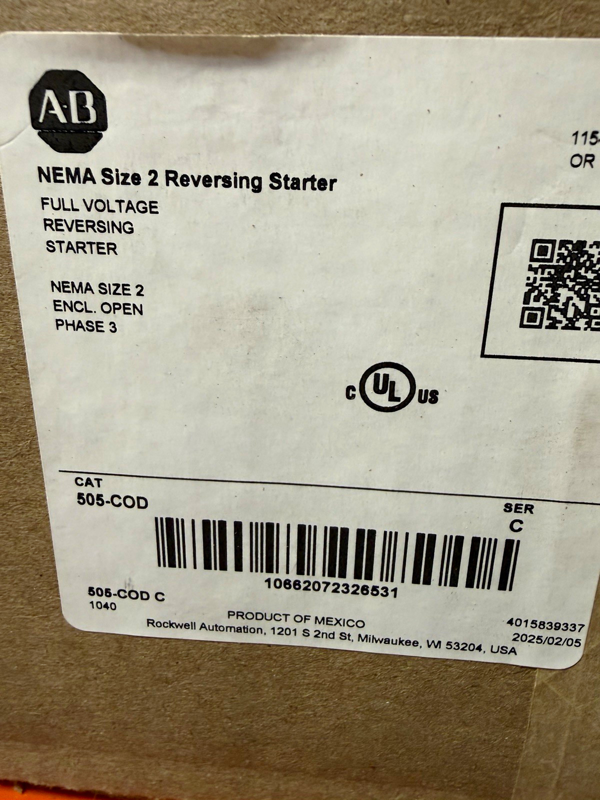 Allen-Bradley 505-COD NEMA 2 Open Reversing Full Voltage Starter 115V
