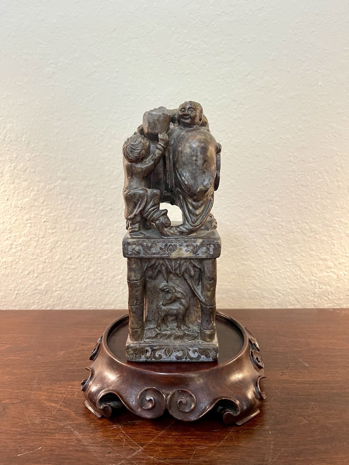 Huge Antique Chinese Carved Hardstone Seal Elephant With Kids And Four Animals