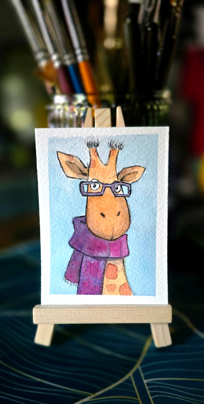 ACEO OG Watercolor–Giraffe, But Make It Fall-Fall Folks #014 OOAK Signed 2.5x3.5