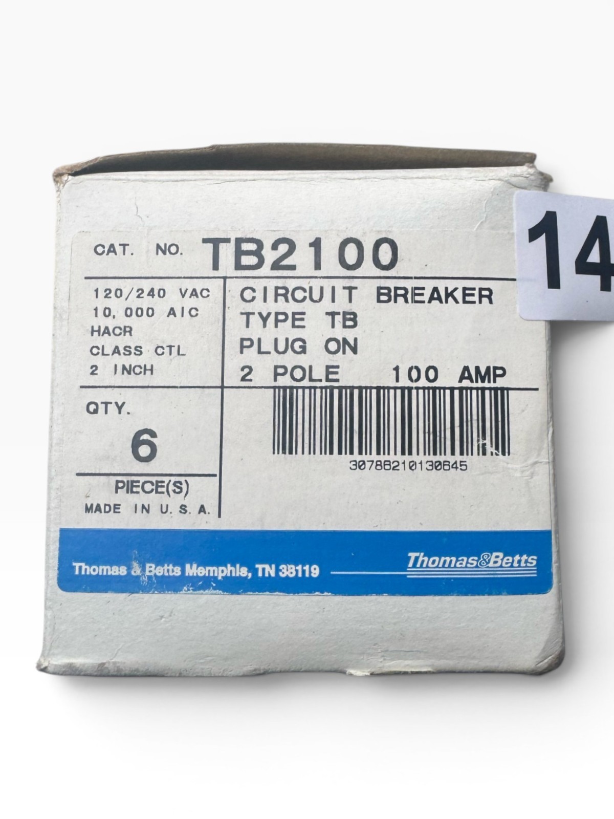 1PC Thomas & Betts TB2100 100A 2-Pole 120/240V TB Series Plug-In Circuit Breaker
