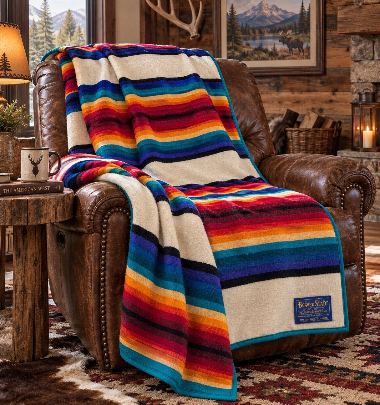 Vtg Pendleton Beaver State Rainbow Stripe Teal Turquoise Wool Blanket 63X75