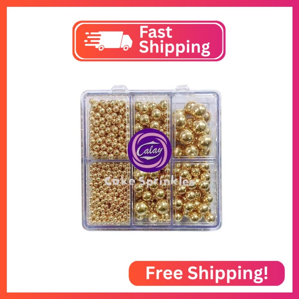 Sentovac Edible Gold Pearls Sprinkles 4 Size（2mm 4mm 7mm 1cm）Mix for Cake Decora
