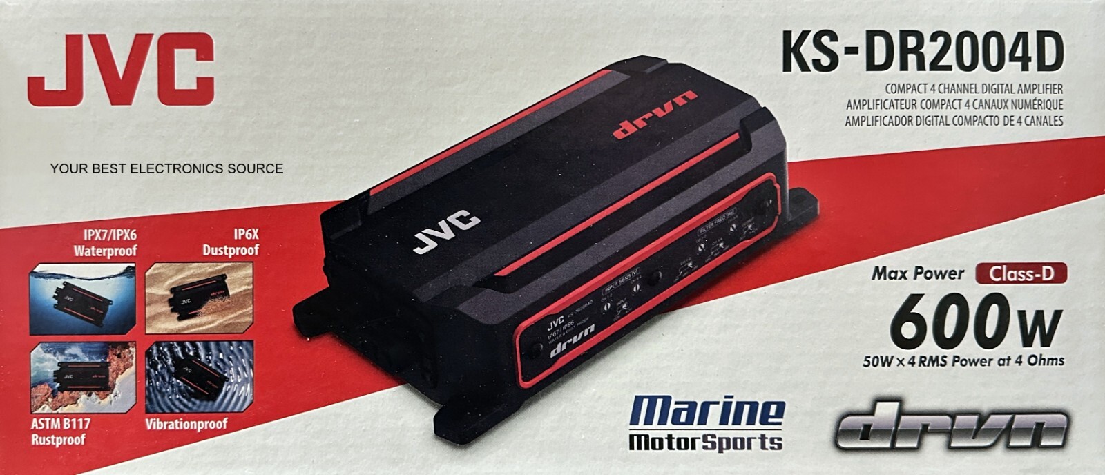 NEW JVC KS-DR2004D Compact 4-Channel Marine / Motorsports Amplifier, 50W RMSx4