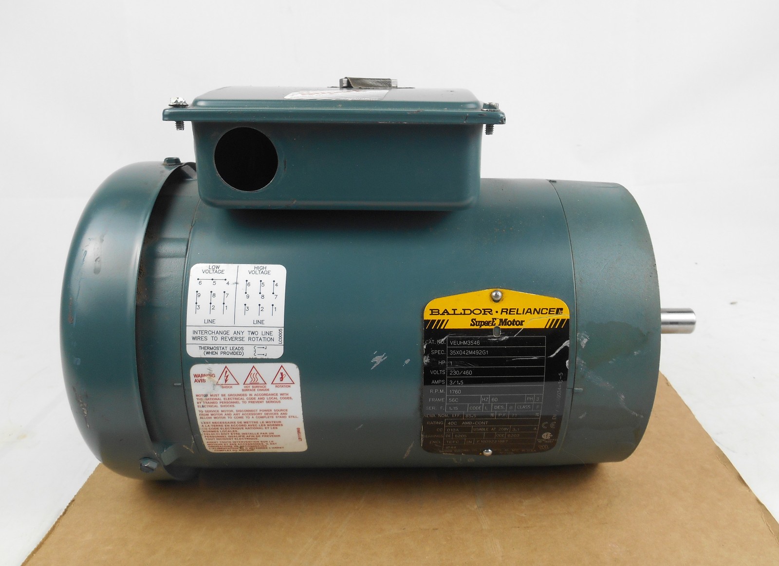 Baldor Reliance Super-E Electric Motor VEUHM3546 1HP 1760RPM 208-230/460V 3 Phas Baldor Reliance Super-E Electric Motor VEUHM3546 1HP 1760RPM 208-230/460V 3 Phas