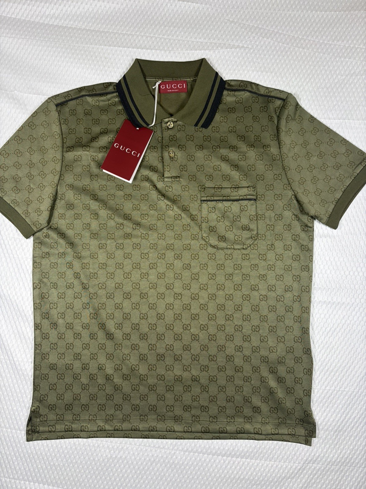 Gucci Men\'s GG Monogram Jacquard Polo Shirt Olive Green Large Regular Fit 