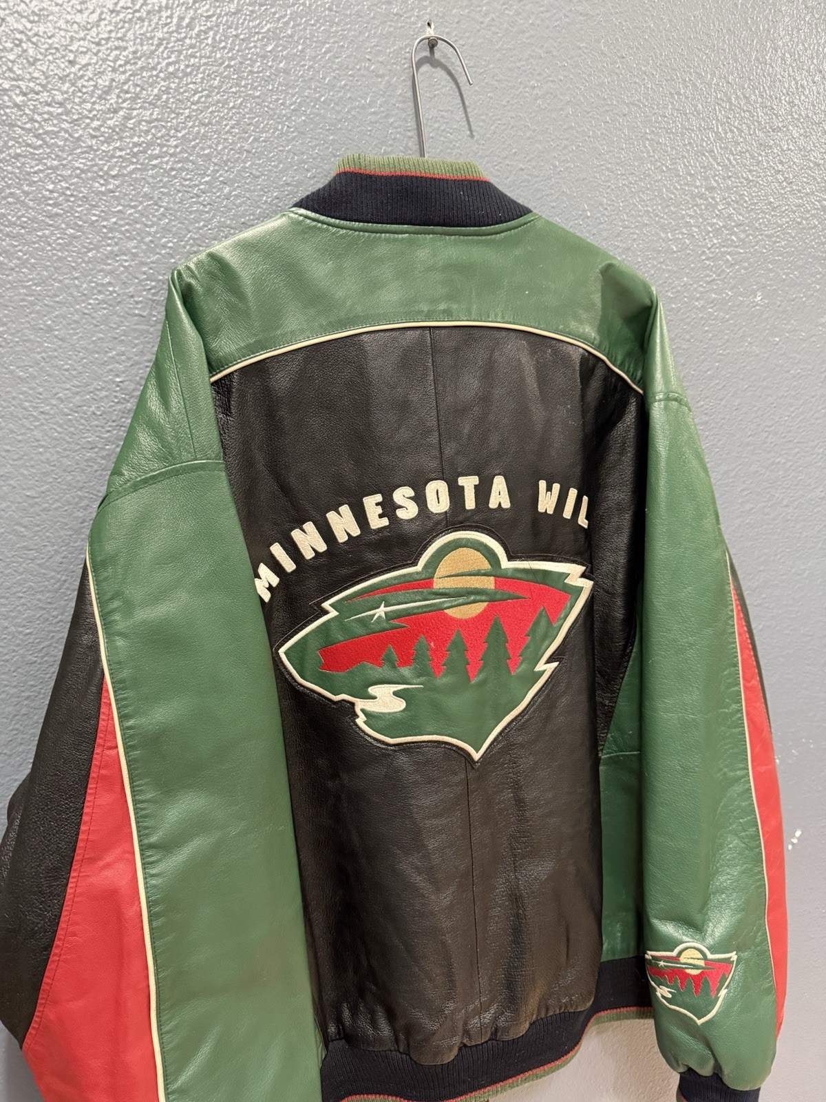 Vintage Carl Banks NHL Minnesota Wild Leather Jacket Black Green 2XL G-III Y2K
