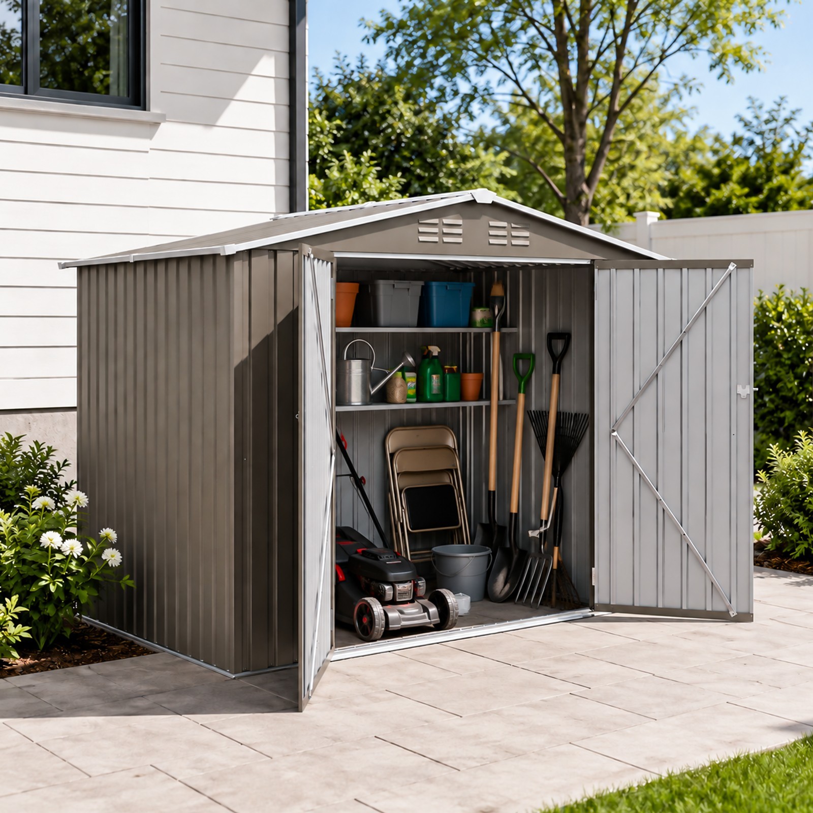 8x6 FT Metal Storage Shed Tool House w/Lockable Doors & Built-in Vents for Patio 8x6 FT Metal Storage Shed Tool House w/Lockable Doors & Built-in Vents for Patio