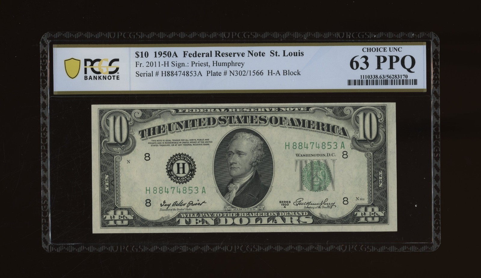DBR 1950-A $10 FRN St. Louis Fr. 2011-H PCGS-B 63 PPQ Serial H88474853A