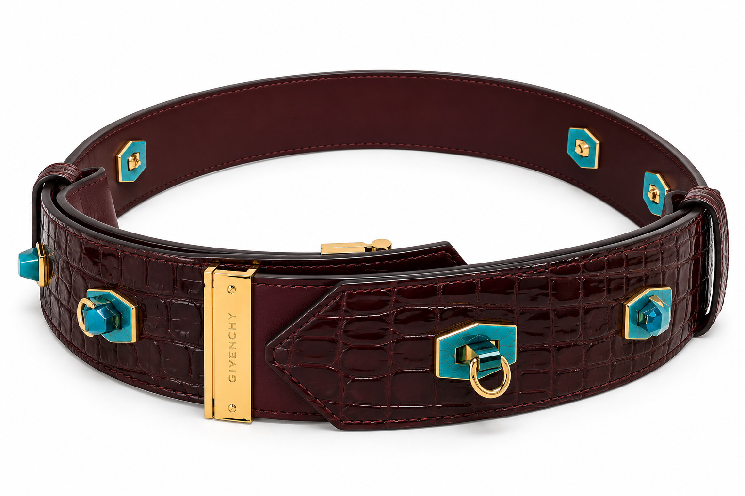 GIVENCHY BROWN CROCODILE SKIN BELT WITH GOLD BUCKLES MSRP $834