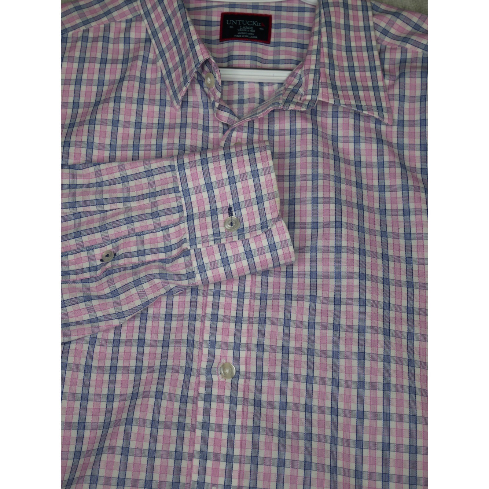 UNTUCKit Dolcetto-WF Mens Large Pink Blue Plaid Wrinkle Free Button Down Shirt