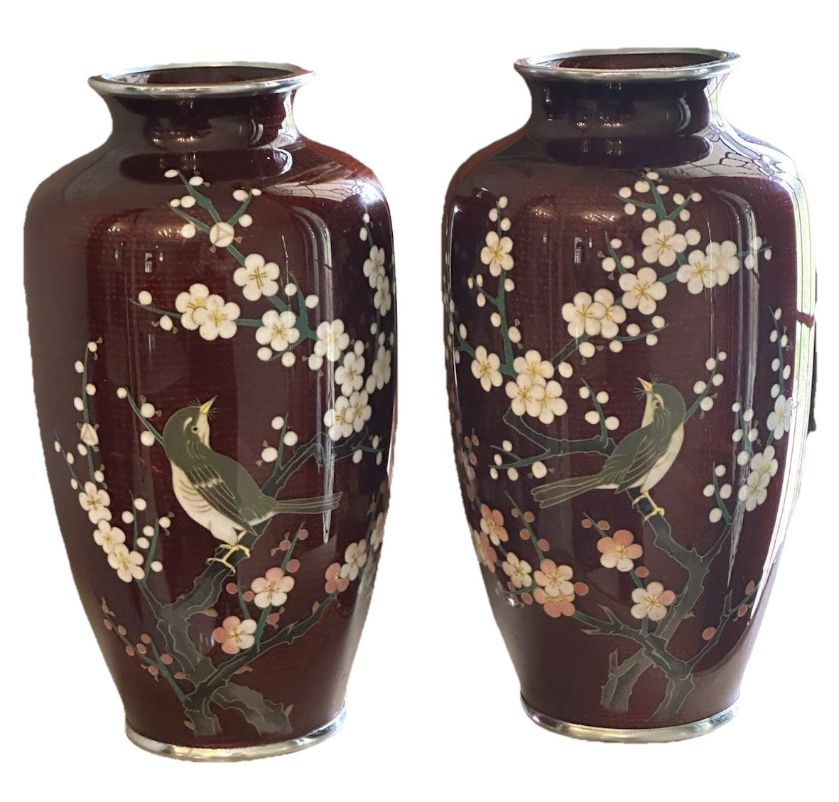 Antique 2 Japanese Ginbari Akasuke Foil Cloisonne Enamel Pigeon Blood Vases Bird