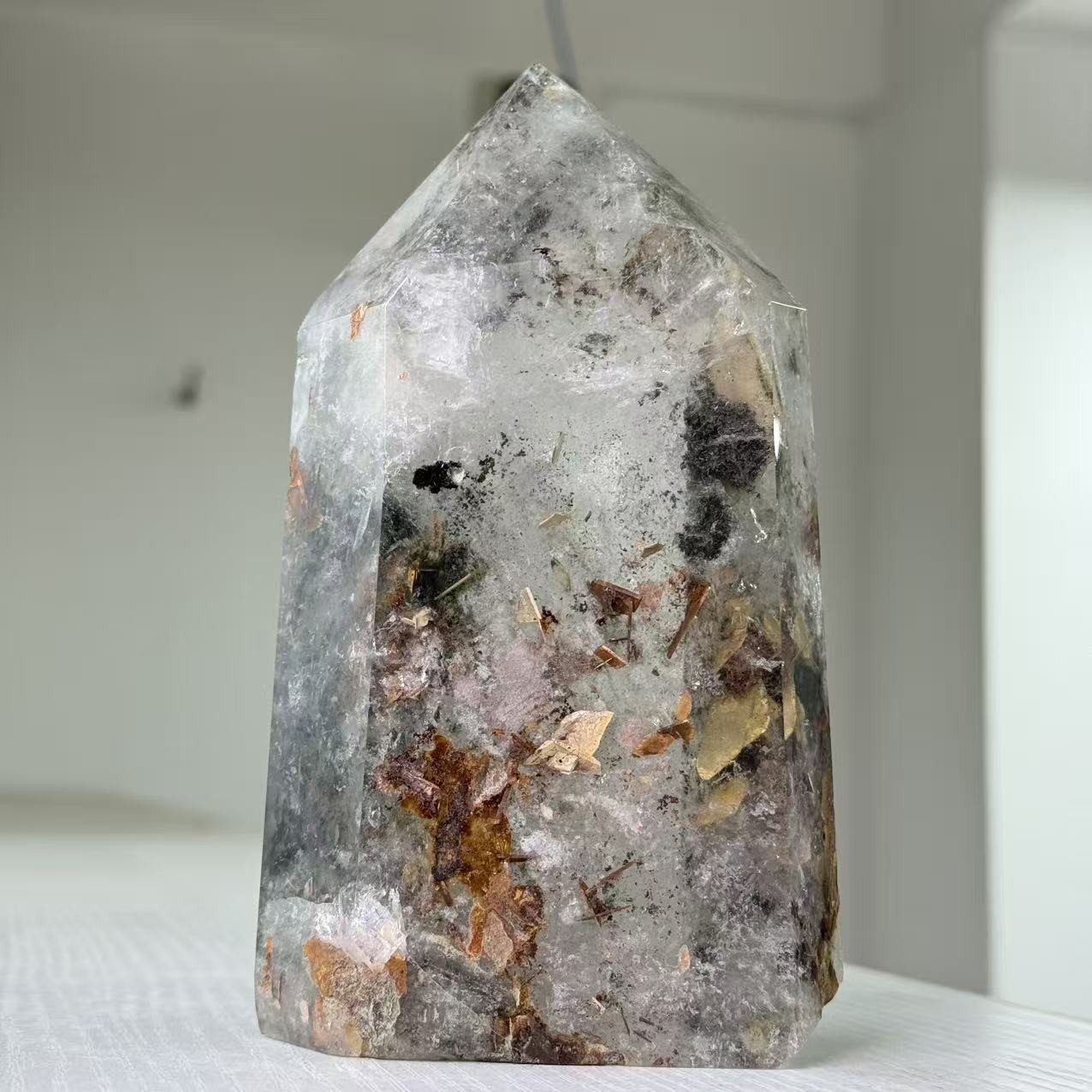 2.6LB Large Natural Garden Quartz Obelisk With Rainbow Crystal Tower Point Decor