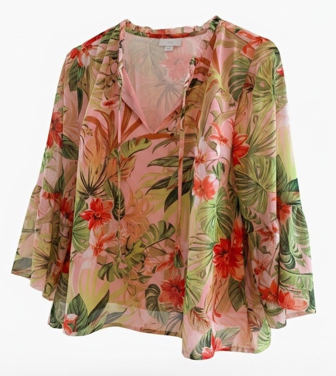 J.Jill Women’s Pink Tropical Floral Chiffon V-Neck Tie 3/4 Bell Sleeve L