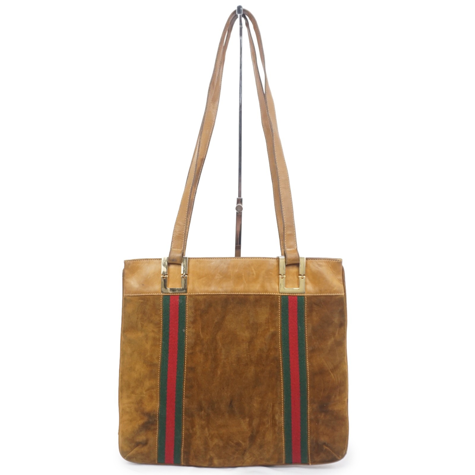 GUCCI Sherry Line Webbing Shoulder Tote Bag Suede Leather Brown Vintage