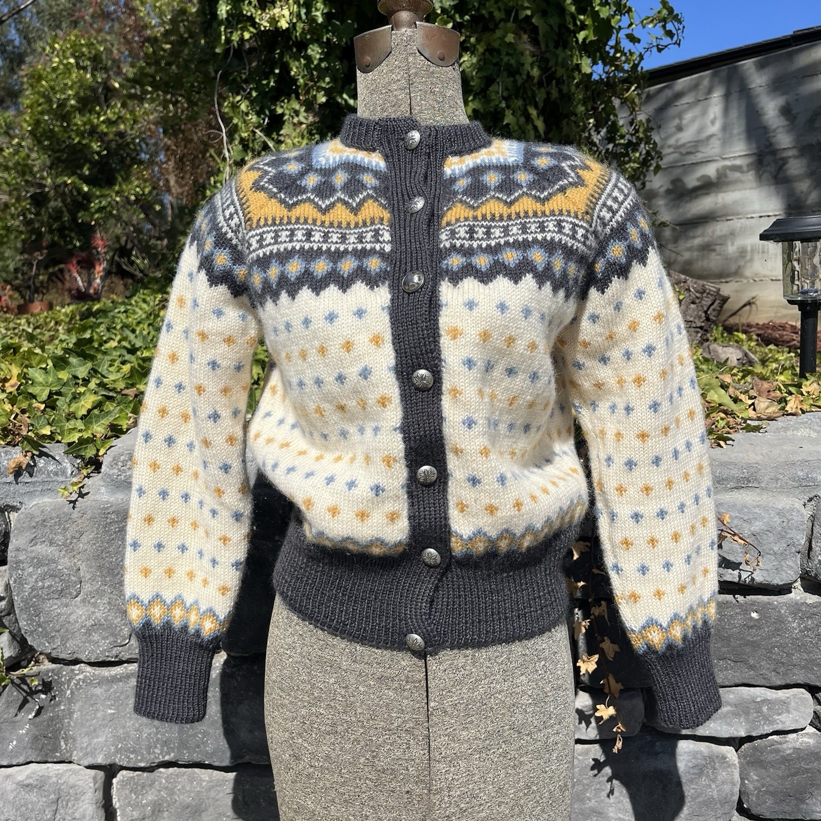 Vintage 60s 70s Norwegian Wool Hand Knit Cardigan Sweater Sz S Fair Isle
