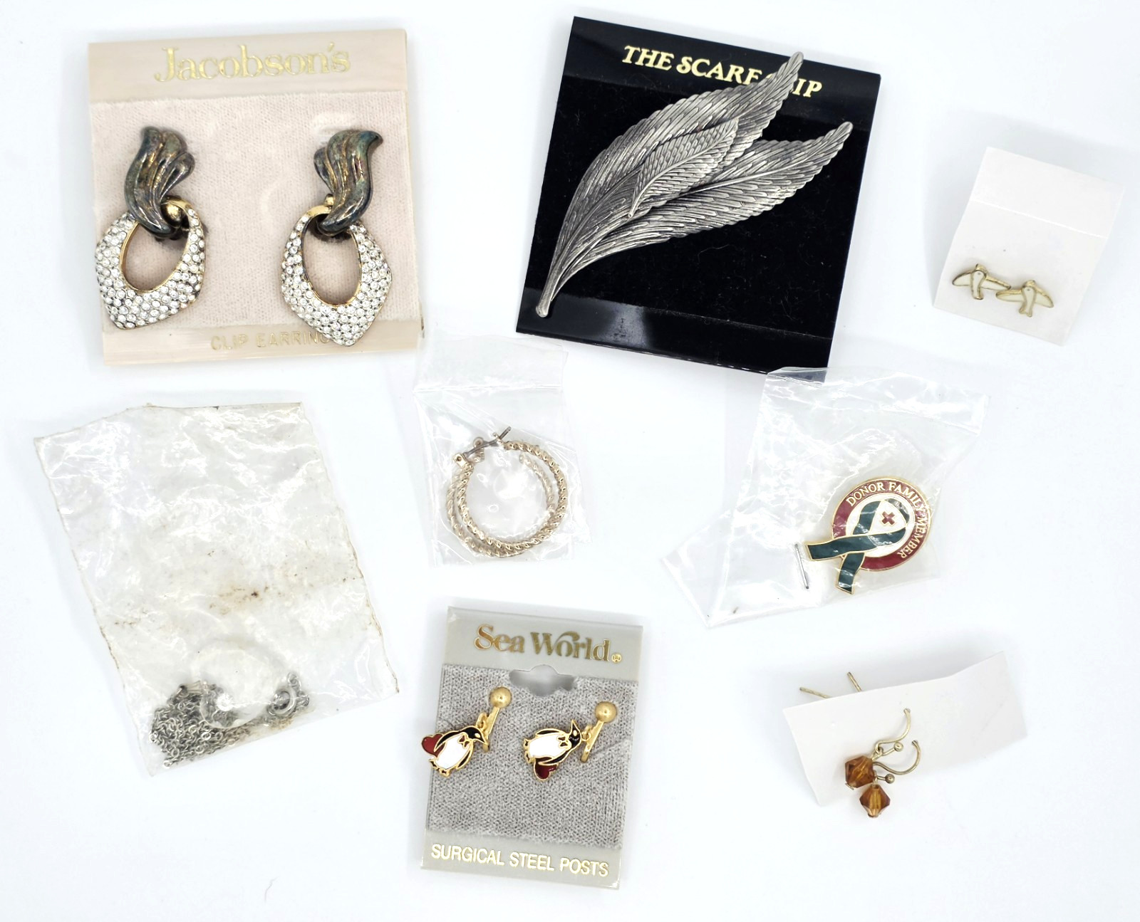 Vintage NOS Jewelry Lot Christmas Penguin Scarf Pin Hoops Clip-on Earrings