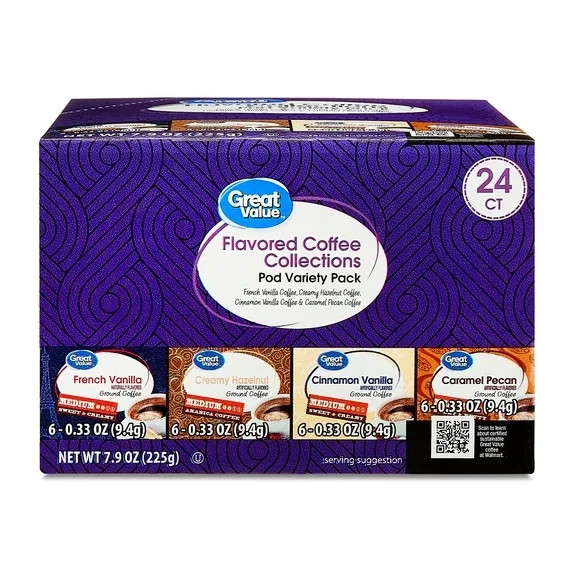 Great Value Flavored Medium Roast Ground Coffee Pods Variety Pack, 7.9 oz, 24 CT Great Value Flavored Medium Roast Ground Coffee Pods Variety Pack, 7.9 oz, 24 CT