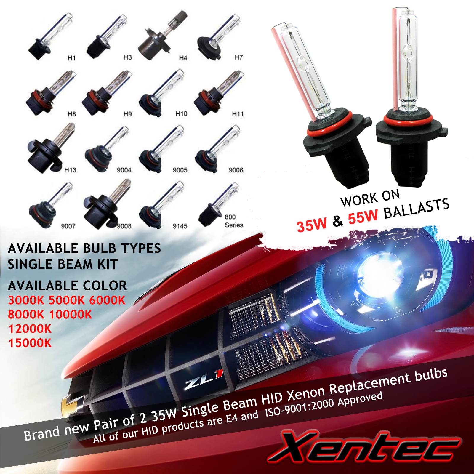 Two Xentec 35W 55W HID Xenon Light Kit REPLACEMENT BULBS H1 H3 H4 H7 9006 5202