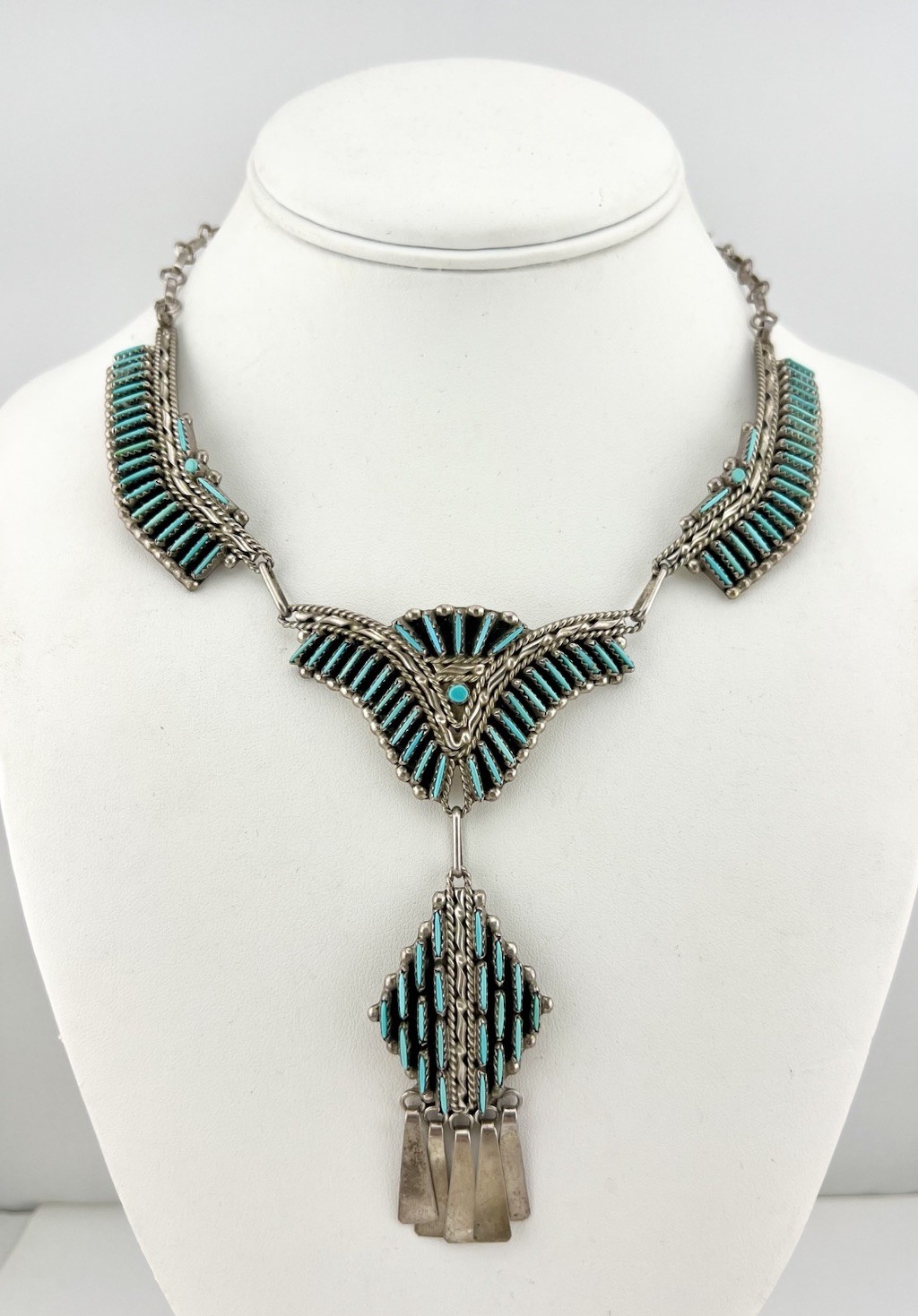 HUGE Vtg RF Zuni Sterling Silver Needle Point Turquoise Collar Dangle Necklace HUGE Vtg RF Zuni Sterling Silver Needle Point Turquoise Collar Dangle Necklace