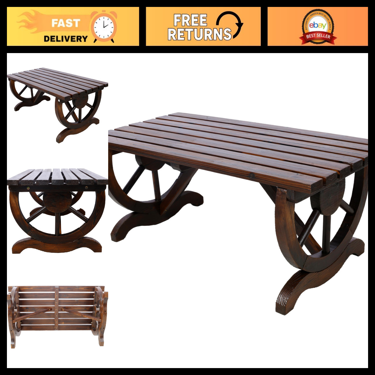 Rustic Wooden Outdoor Bench with Wagon Wheel Legs - 2-Person Patio Garden Furnit Rustic Wooden Outdoor Bench with Wagon Wheel Legs - 2-Person Patio Garden Furnit