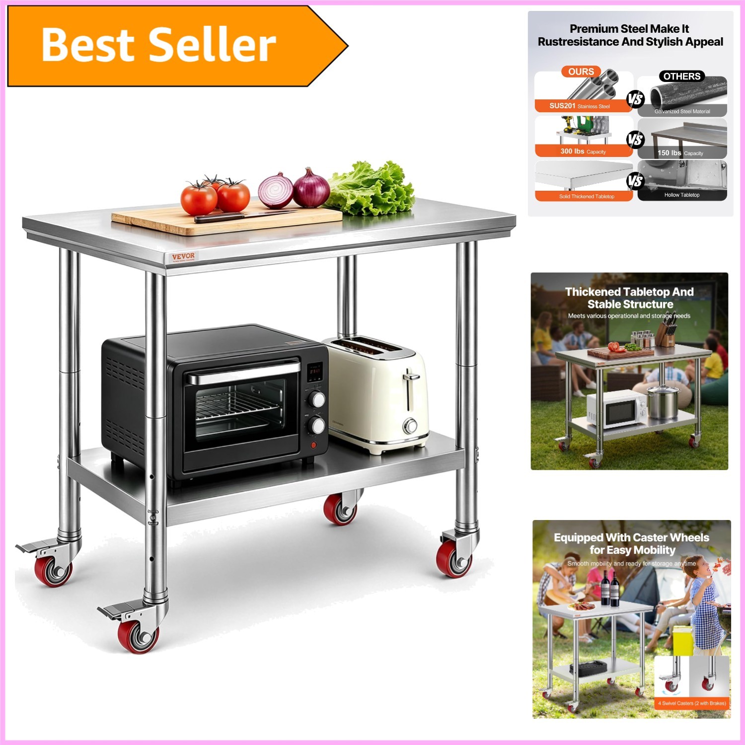 Mophorn Commercial Kitchen Stainless Steel Work Table with 352 Lbs Capacity