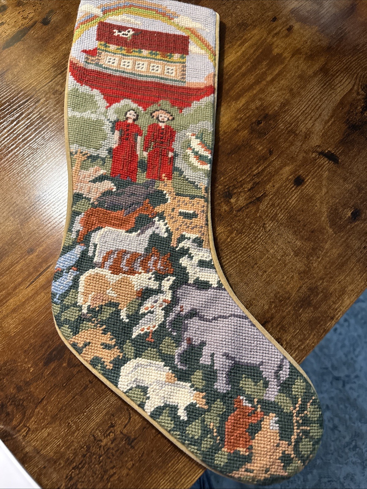 Noah’s Ark Needlepoint Christmas Stocking Ark Animals Dove Tan Velvet Back 22” Noah’s Ark Needlepoint Christmas Stocking Ark Animals Dove Tan Velvet Back 22”