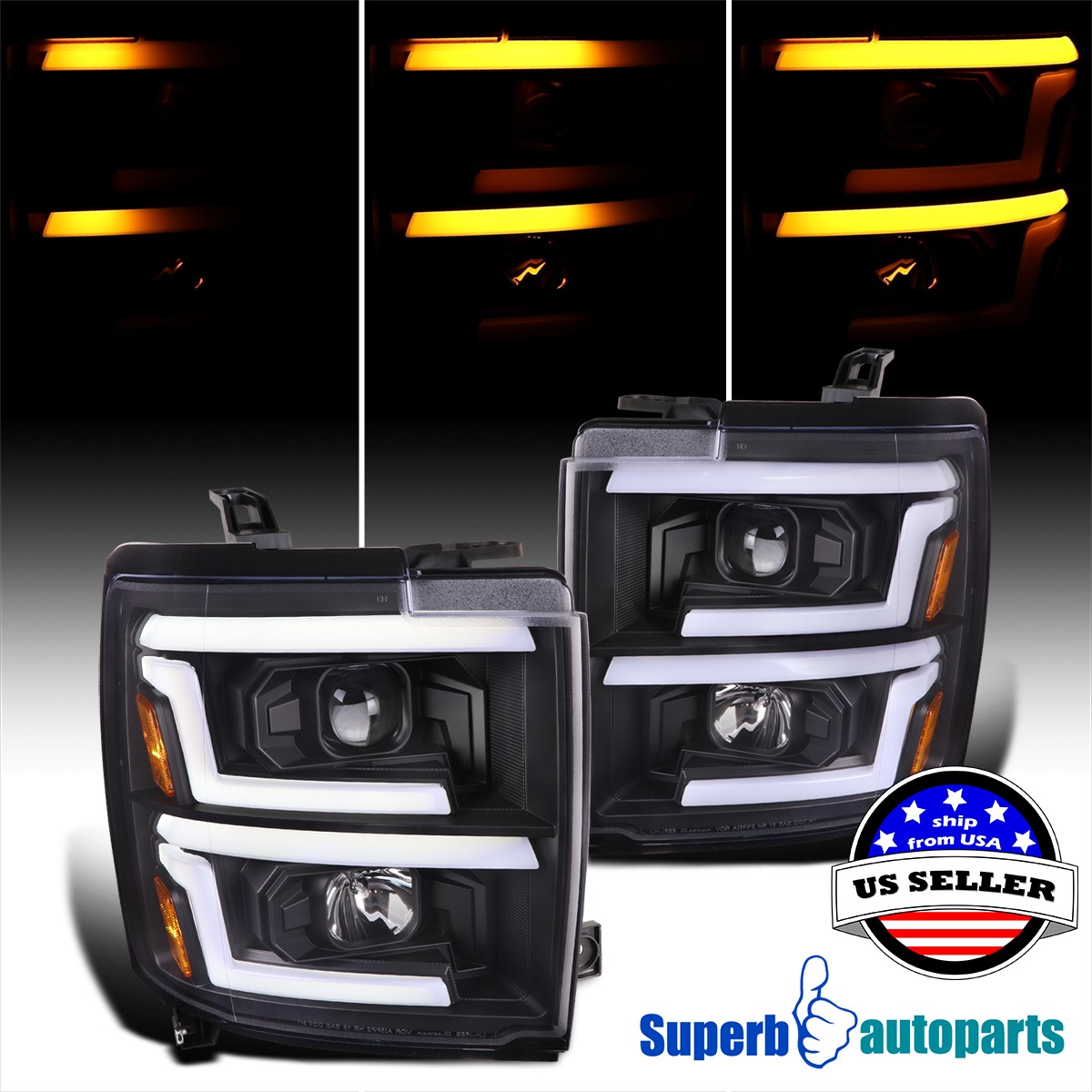 For 15-19 Chevy Silverado 2500/3500HD Black Projector Headlights+LED Sequential For 15-19 Chevy Silverado 2500/3500HD Black Projector Headlights+LED Sequential
