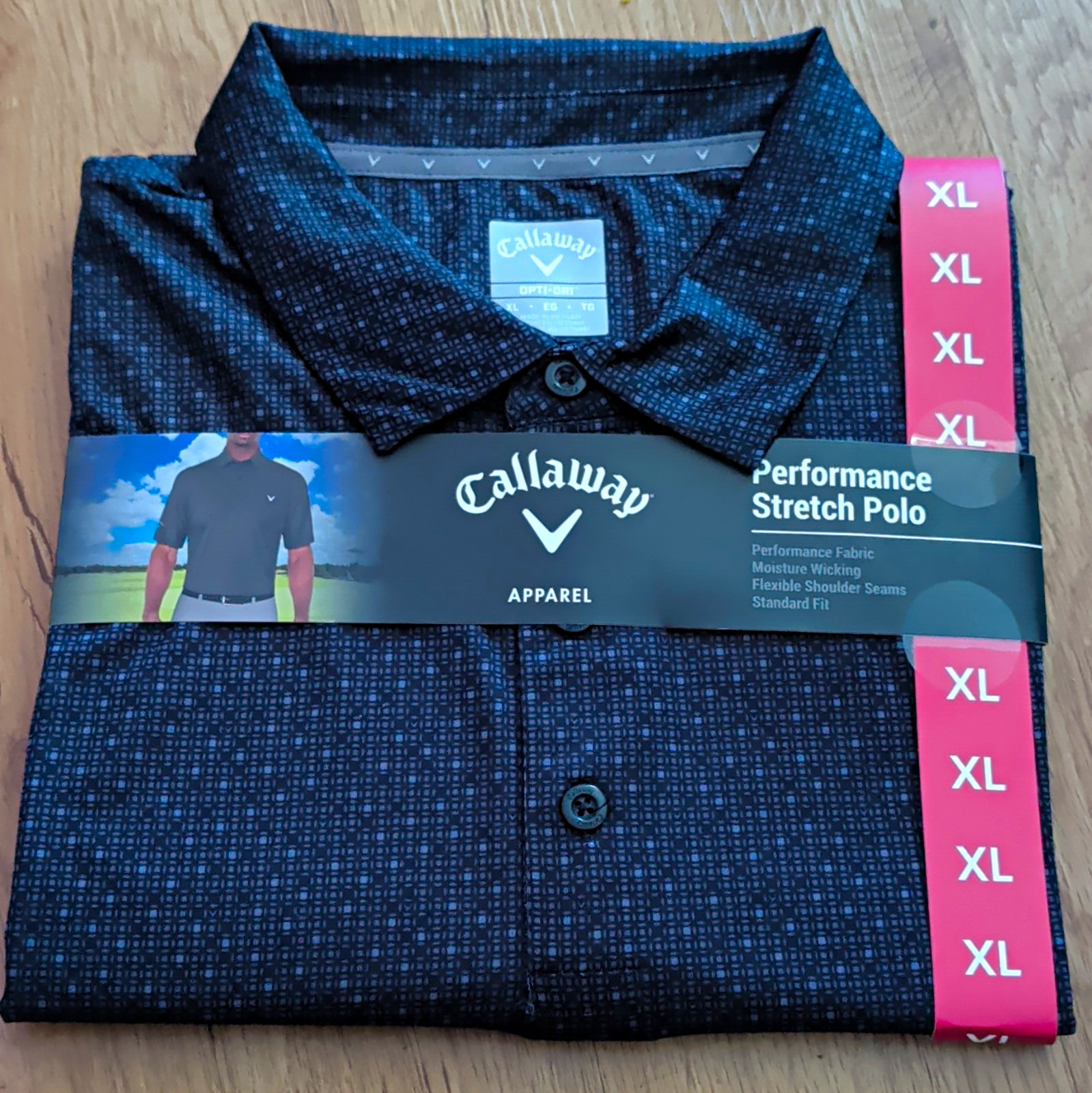 Callaway Opti-Dri Mens Golf Polo Stretch Moisture Wicking Black Blue Geo XL Callaway Opti-Dri Mens Golf Polo Stretch Moisture Wicking Black Blue Geo XL