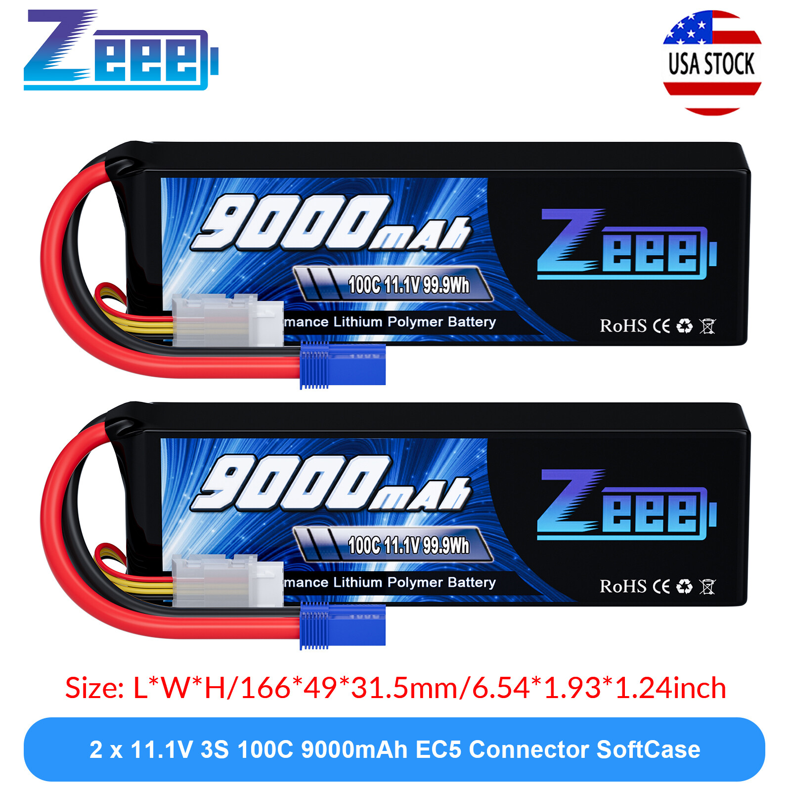 2pcs Zeee 3S LiPo Battery 11.1V 100C 9000mAh EC5 SoftCase for RC Car Truck Tank