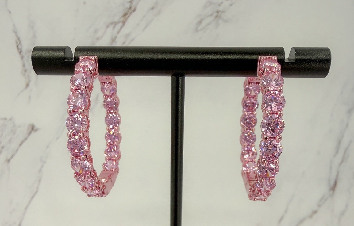 Diamonique x Jennifer Miller 1-1/8” Pink Ecoat CZ Hoops Sterling Silver 925