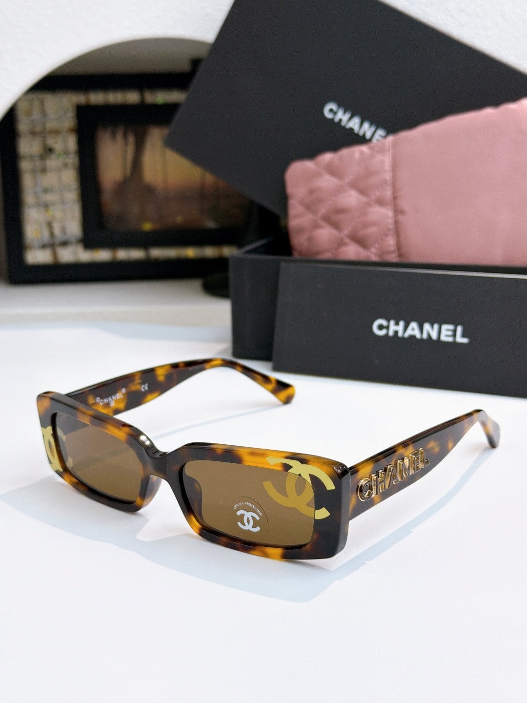CHANEL 71473 Tortoise Rectangle Sunglasses Brown Lenses Unisex 54-18-145