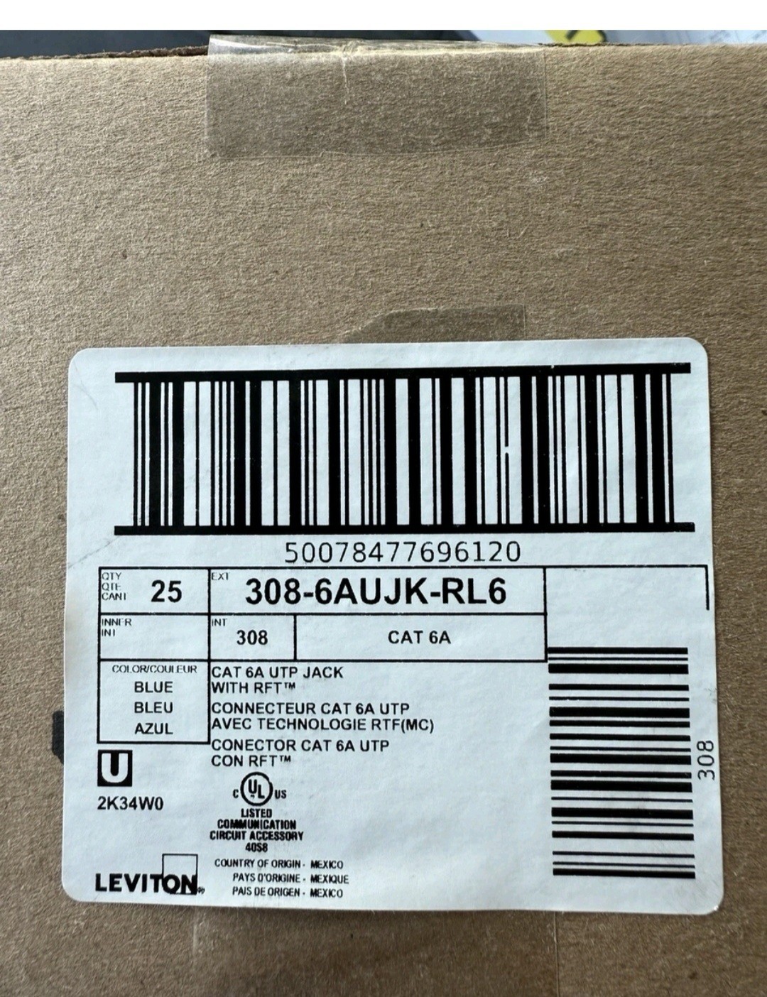 25/Box Leviton Cat 6A JACK  308-6AUJK-RL6 RJ6 BLUE 10 Gigabit Keystone