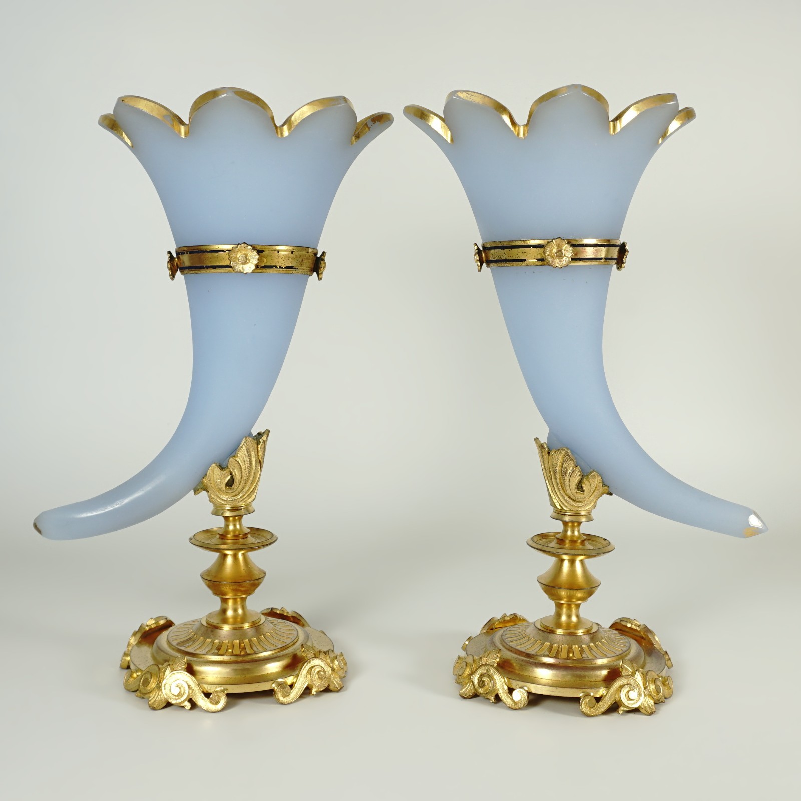 Pair Antique French Opaline Glass Cornucopia Horn Vases Dore Bronze Mounts Pair Antique French Opaline Glass Cornucopia Horn Vases Dore Bronze Mounts