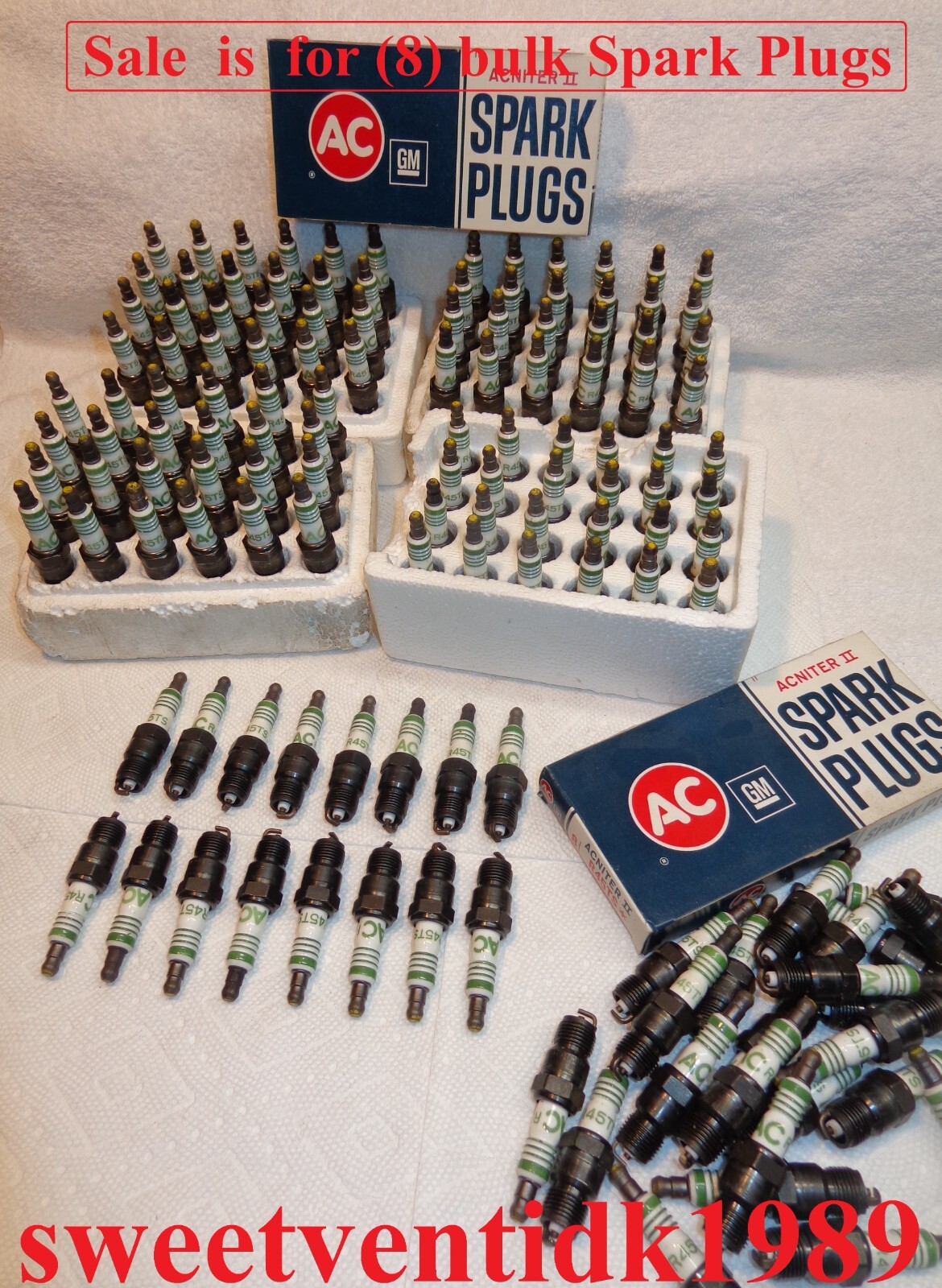 (8)  ‘NOS’ AC-R45TS Spark Plugs  4 Green Rings  ‘Assembly Line w / Yellow Tips’