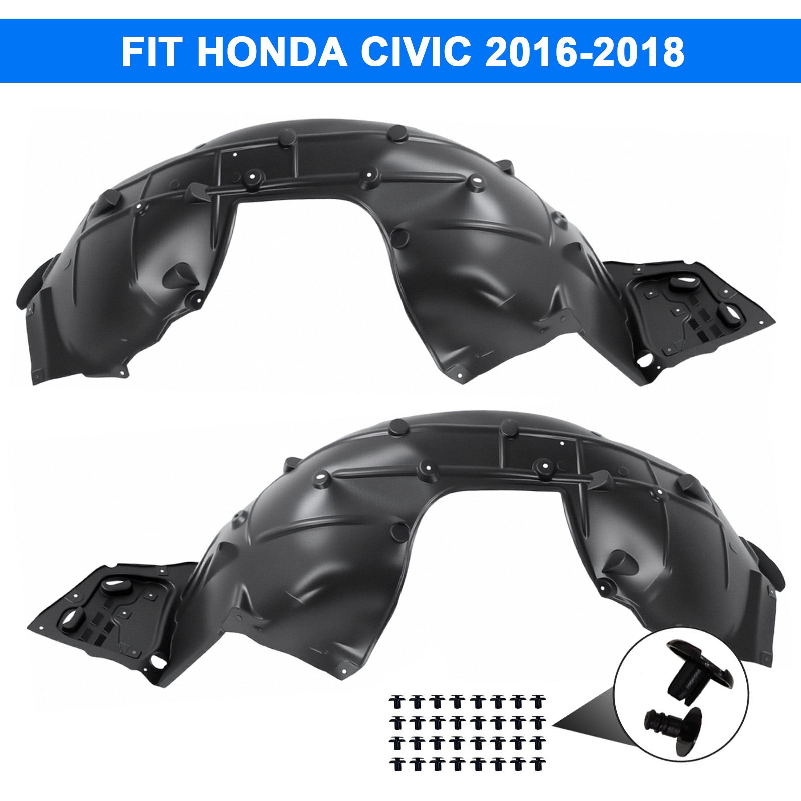 Front Inner Fender Liner Set For Honda Civic Driver & Passenger Side 2016-2018