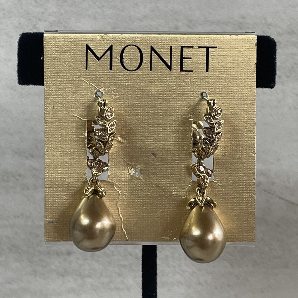 Vintage Monet Signed Gold Tone Laurel Leaf Rhinestone Teardrop Pearl Earrings