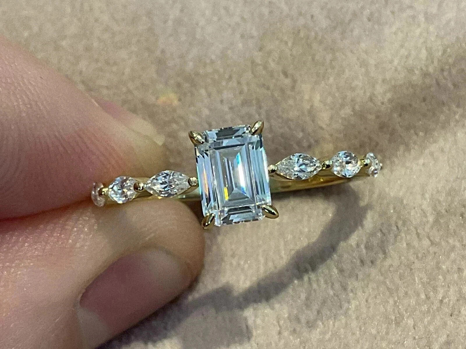 2.17 Ct Emerald Cut Natural Aquamarine & Diamond Wedding Ring 14K Yellow Gold