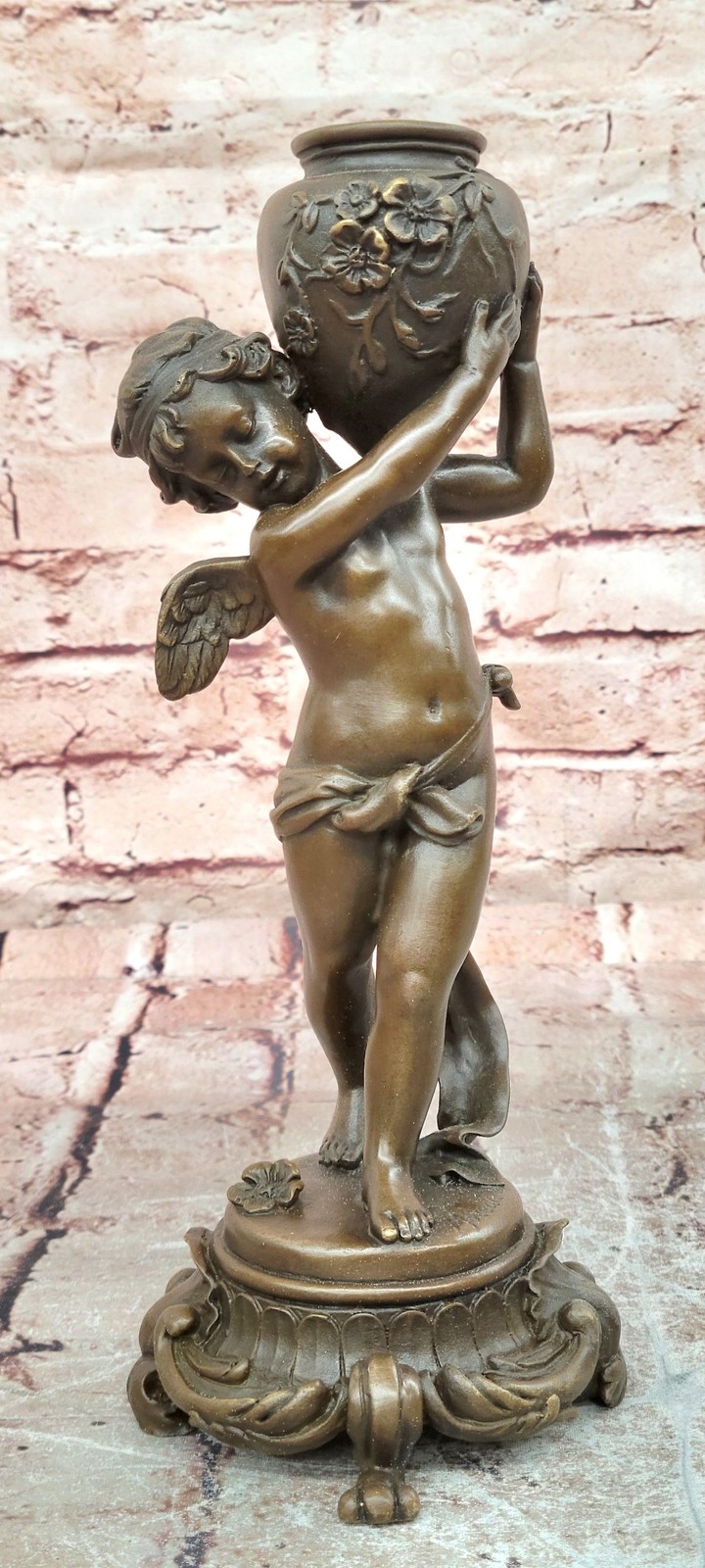 Signed Moreau Bronze Vintage Cherub Holding Vase Sculpture Figurine Artwork