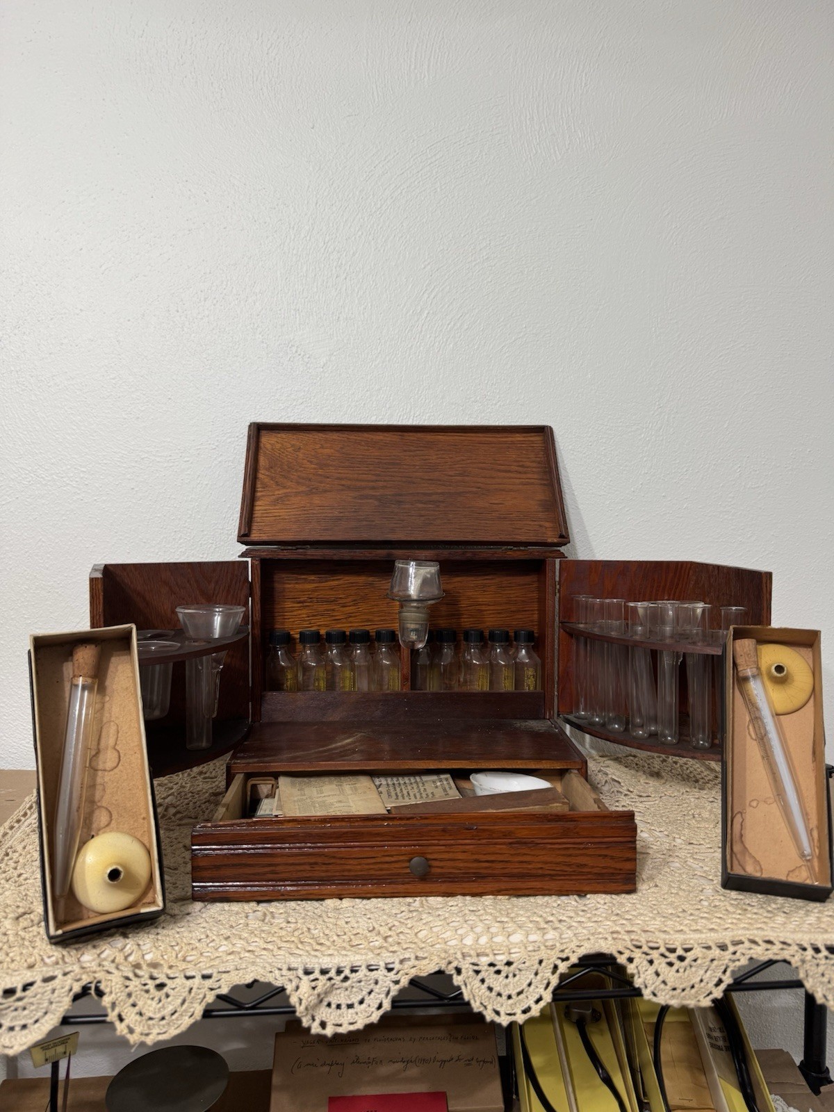 Antique Oak Apothecary Doctor travel cabinet with equipment 1890 medical