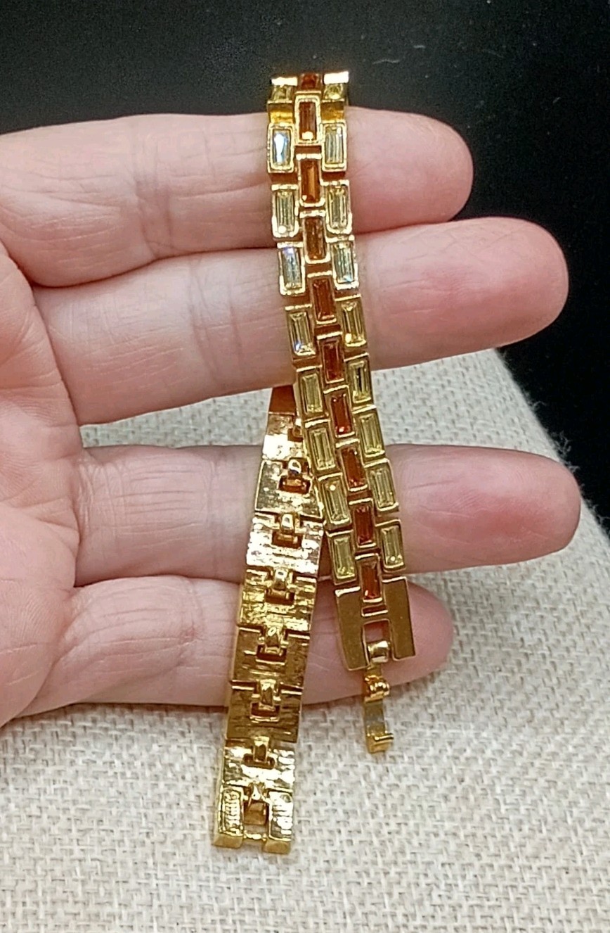 Vintage Nolan Miller Tennis Bracelet Rhinestone Baguette Gold Plated Panther QVC
