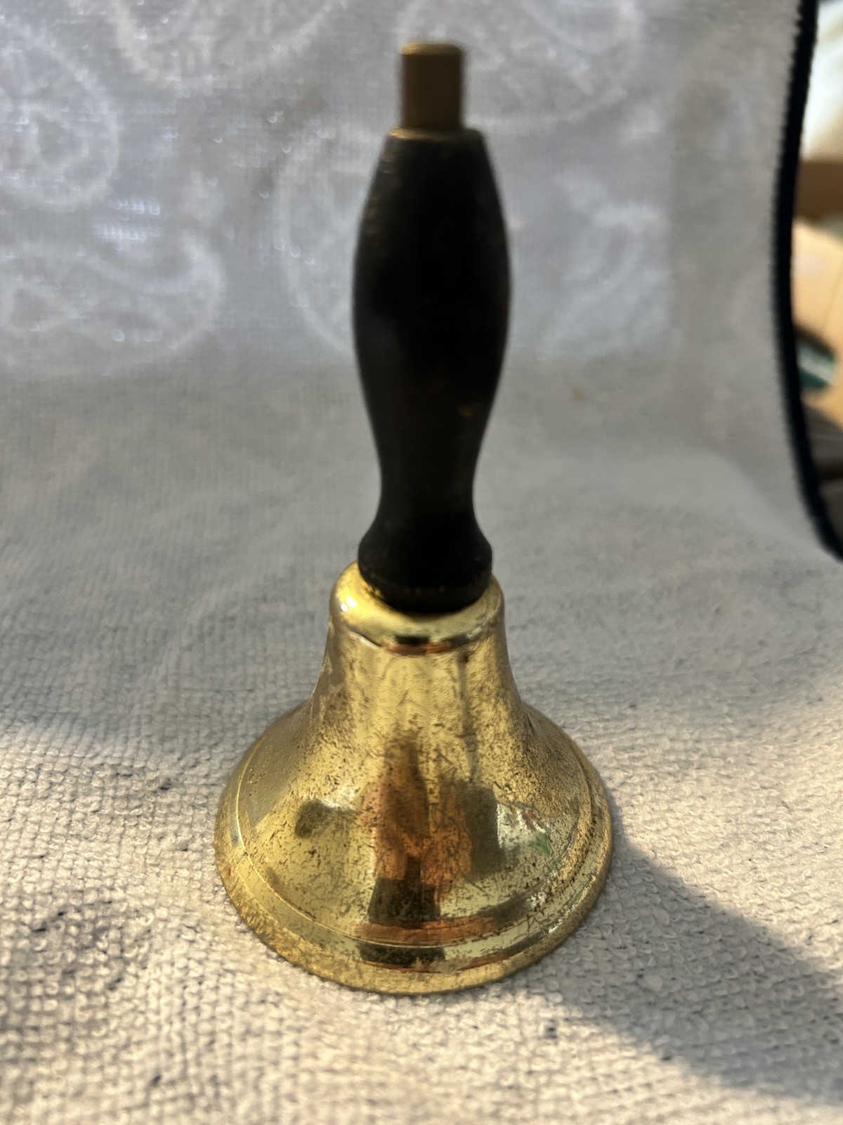 Vintage Etched Brass School Bell w/Solid Wooden Handle Made in India  8”