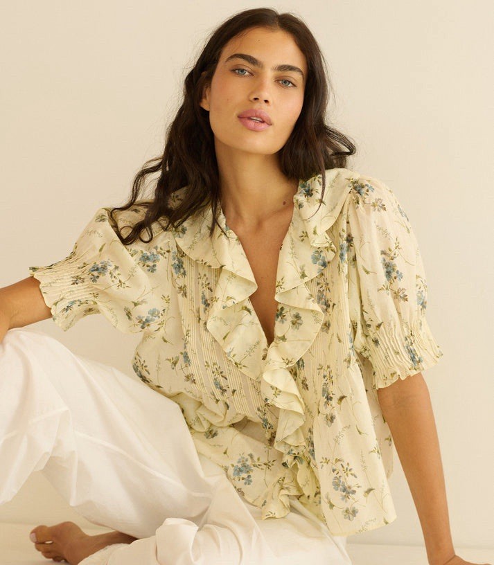 DÔEN Henri Sunshine Prairie Rose Floral Yellow Cotton Womens Blouse Tunic Top S