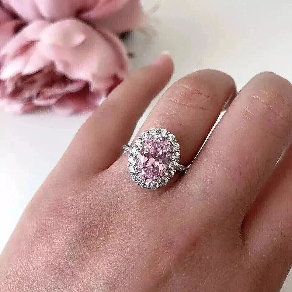7Ct Oval Cut Natural Pink Sapphire & Diamond Wedding Bridal Ring 14K White Gold