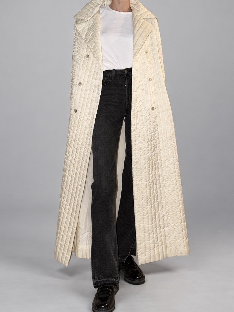 VTG 70s Eve Stillman Women\'s Ivory Quilted Long Trench Coat Button Front Size M