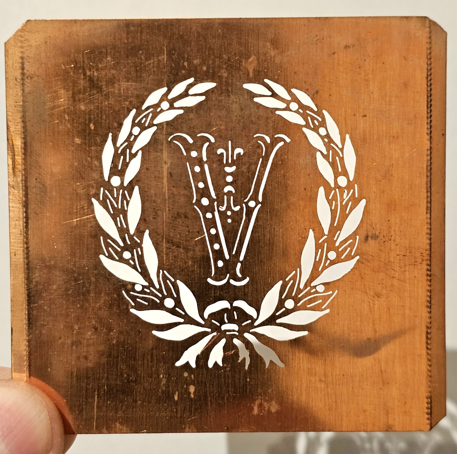 Antique Copper Monogram Stencil Letter V – Ornate Alphabet Plate c.1880–1920 V2