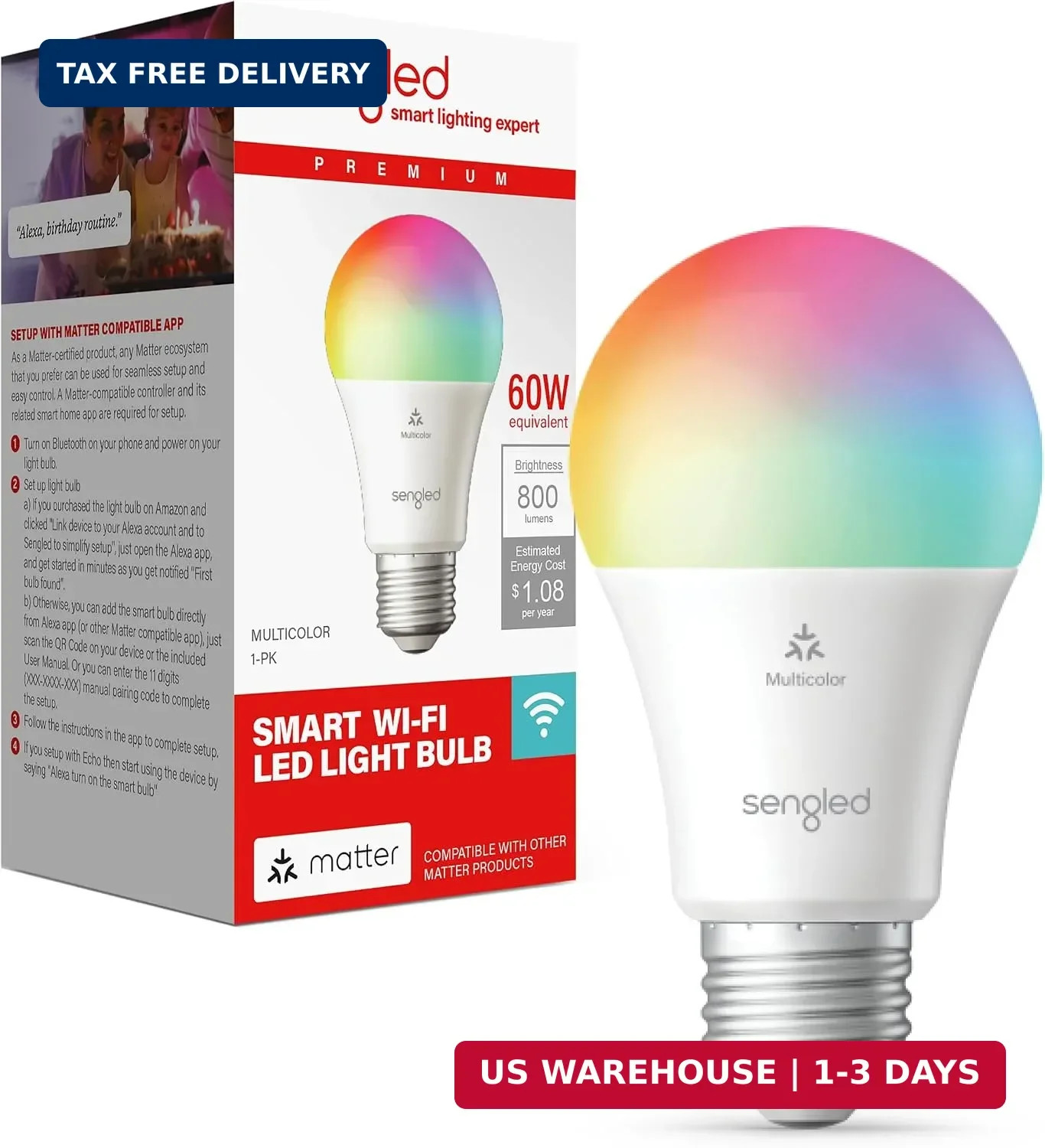 Sengled Matter LED Smart Light Bulb (A19), Multicolor, Compatible with Alexa, 60 Sengled Matter LED Smart Light Bulb (A19), Multicolor, Compatible with Alexa, 60