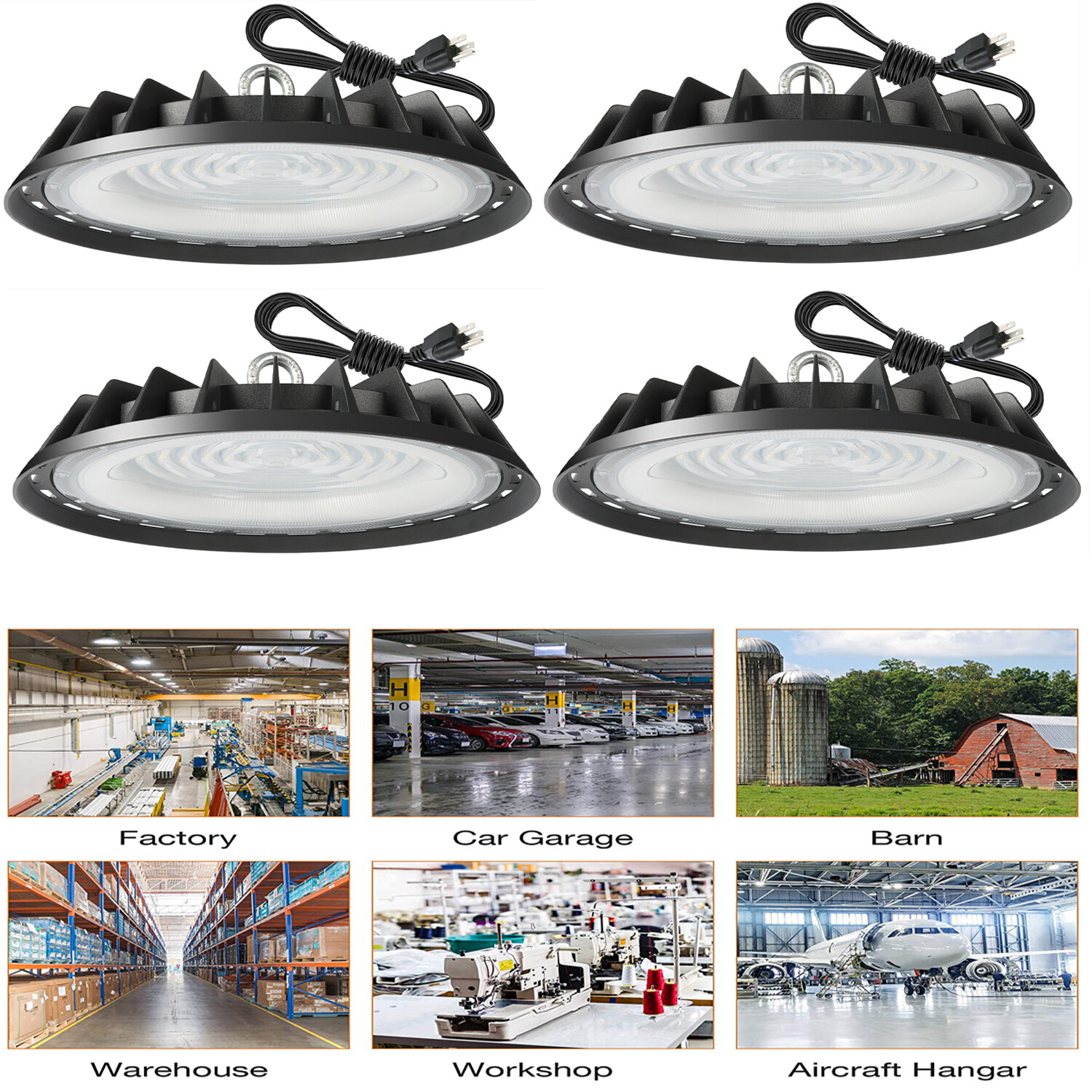 4-Pack 500W UFO LED High Bay Lights for Warehouse/Factory/Shop, 6000K Cool White