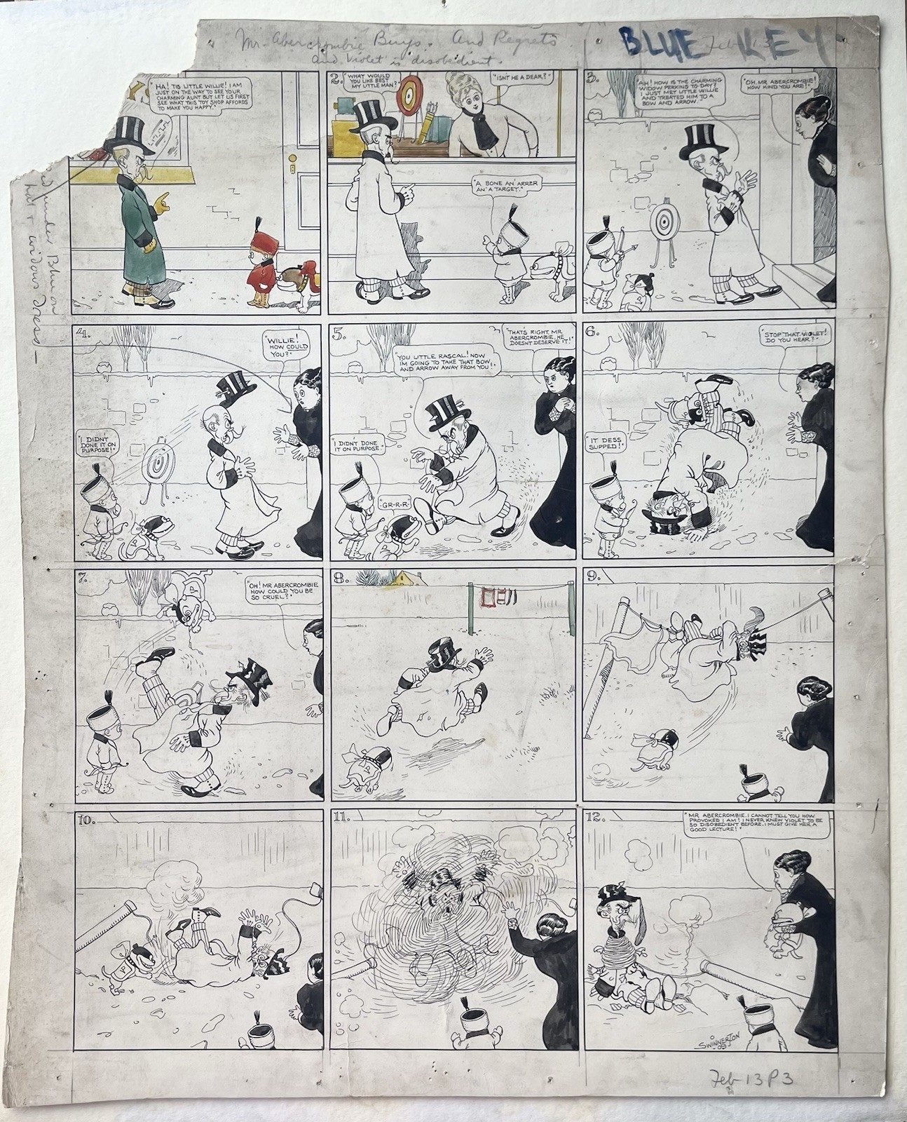 1910 James Swinnerton -ORIGINAL SUNDAY COMIC ART- Little Willie/Violet the Dog