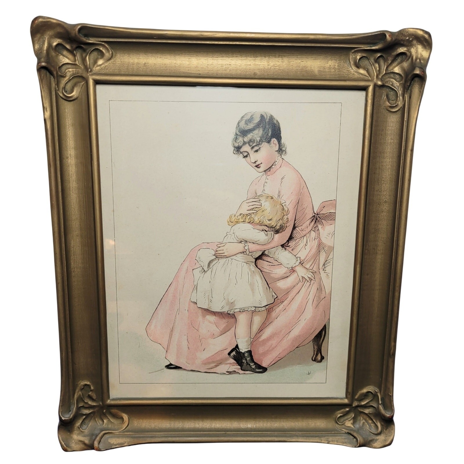 Antique 1890s Victorian Mother & Child Print Art Nouveau Wooden & Glass Frame