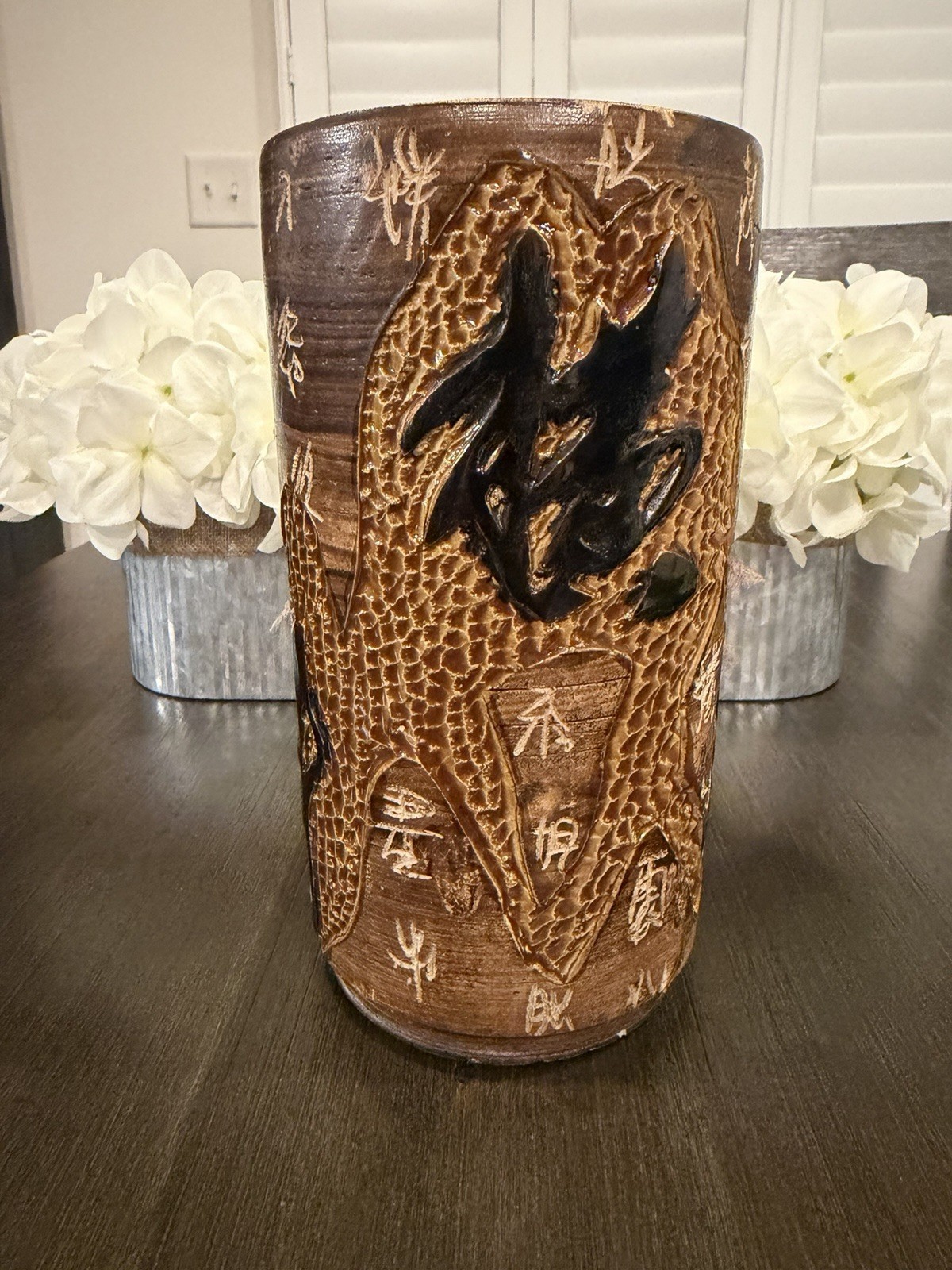 Vintage Hand Carved Chinese Clay Dragon Vase Tang Dynasty Poem Relief Potter